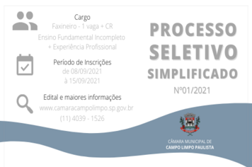 Câmara Municipal abre Processo Seletivo Simplificado para contratação temporária de Faxineiro